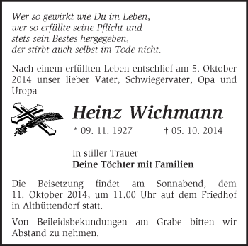 Traueranzeige von Heinz Wichmann von Märkische Oderzeitung