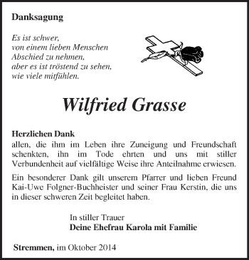 Traueranzeige von Wilfried Grasse von Märkische Oderzeitung