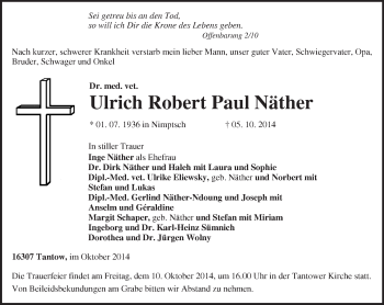 Traueranzeige von Ulrich Robert Paul Näther von Märkische Oderzeitung