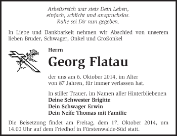 Traueranzeige von Georg Flatau von Märkische Oderzeitung