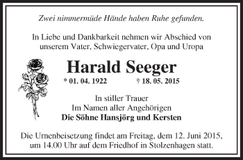 Traueranzeige von Harald Seeger von Märkische Oderzeitung