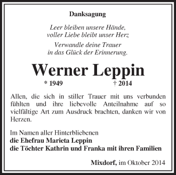 Traueranzeige von Werner Leppin von Märkische Oderzeitung