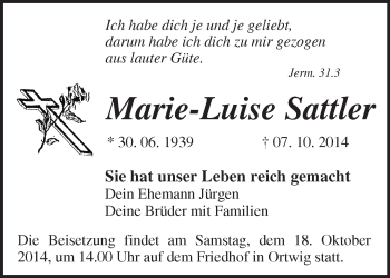 Traueranzeige von Marie-Luise Sattler von Märkische Oderzeitung