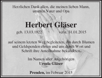 Traueranzeige von Herbert Gläser von Märkische Oderzeitung