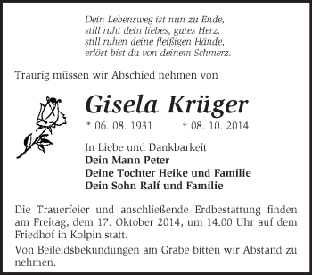 Traueranzeige von Gisela Krüger von Märkische Oderzeitung