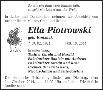 Traueranzeige von Ella Piotrowski von Märkische Oderzeitung