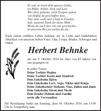 Traueranzeige von Herbert Behnke von Märkische Oderzeitung