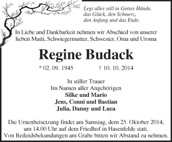 Traueranzeige von Regine Budack von Märkische Oderzeitung