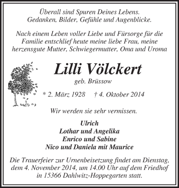 Traueranzeige von Lilli Vökkert von Märkische Oderzeitung