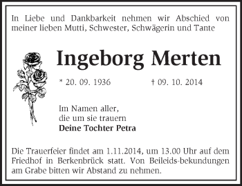 Traueranzeige von Ingeborg Merten von Märkische Oderzeitung