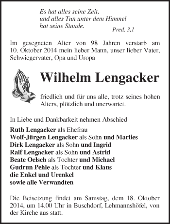 Traueranzeige von Wilhelm Lengacker von Märkische Oderzeitung