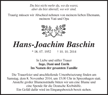 Traueranzeige von Hans-Joachim Baschin von Märkische Oderzeitung