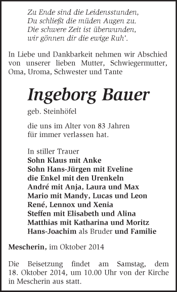 Traueranzeige von Ingeborg Bauer von Märkische Oderzeitung