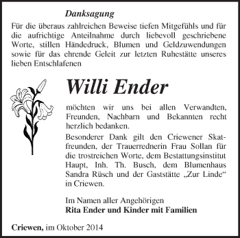 Traueranzeige von Willi Ender von Märkische Oderzeitung