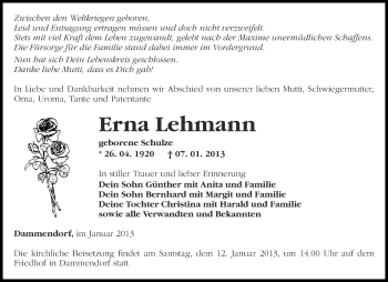 Traueranzeige von Erna Lehmann von Märkische Oderzeitung