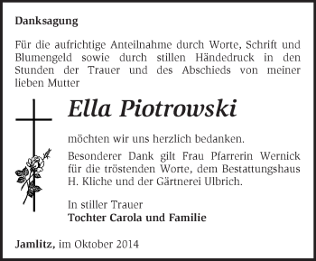 Traueranzeige von Ella Piotrowski von Märkische Oderzeitung