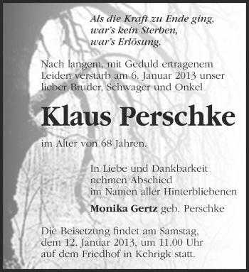 Traueranzeige von Klaus Perschke von Märkische Oderzeitung