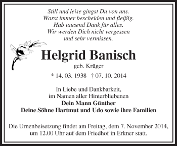 Traueranzeige von Helgrid Banisch von Märkische Oderzeitung