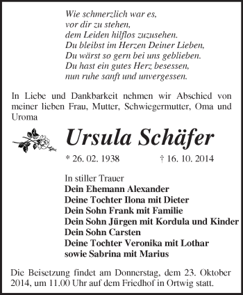 Traueranzeige von Ursula Schäfer von Märkische Oderzeitung