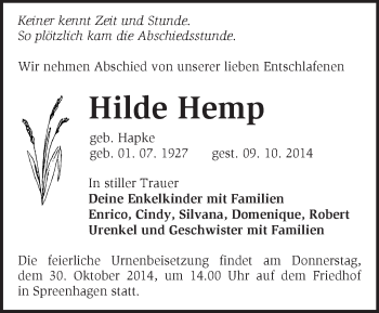 Traueranzeige von Hilde Hemp von Märkische Oderzeitung