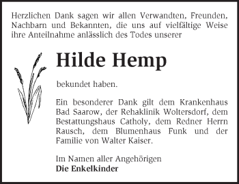 Traueranzeige von Hilde Hemp von Märkische Oderzeitung