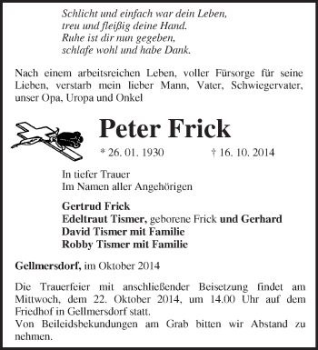 Traueranzeige von Peter Frick von Märkische Oderzeitung