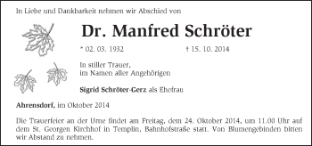 Traueranzeige von Manfred Schröter von Märkische Oderzeitung