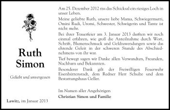 Traueranzeige von Ruth Simon von Märkische Oderzeitung