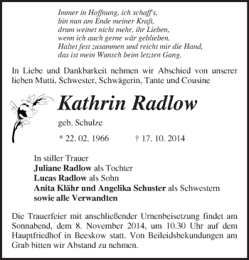 Traueranzeige von Kathrin Radlow von Märkische Oderzeitung