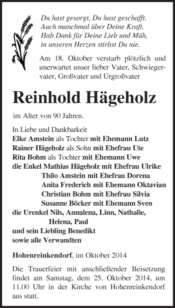 Traueranzeige von Reinhold Hägeholz von Märkische Oderzeitung