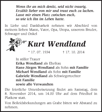 Traueranzeige von Kurt Wendland von Märkische Oderzeitung