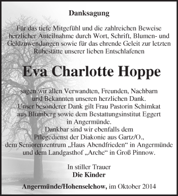 Traueranzeige von Eva Charlotte Hoppe von Märkische Oderzeitung