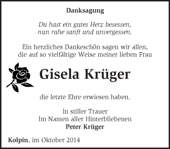 Traueranzeige von Gisela Krüger von Märkische Oderzeitung