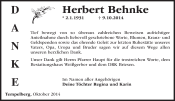 Traueranzeige von Herbert Behnke von Märkische Oderzeitung