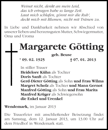 Traueranzeige von Margarete Götting von Märkische Oderzeitung