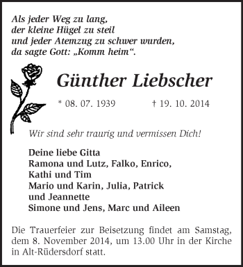 Traueranzeige von Günther Liebscher von Märkische Oderzeitung