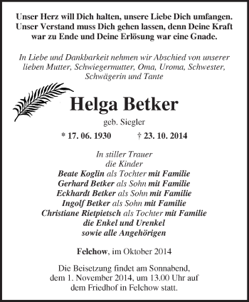 Traueranzeige von Helga Betker von Märkische Oderzeitung