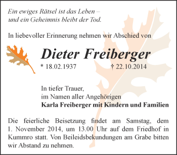 Traueranzeige von Dieter Freiberger von Märkische Oderzeitung