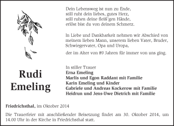 Traueranzeige von Rudi Emeling von Märkische Oderzeitung