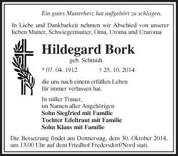 Traueranzeige von Hildegard Bork von Märkische Oderzeitung