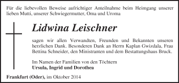 Traueranzeige von Lidwina Leischner von Märkische Oderzeitung