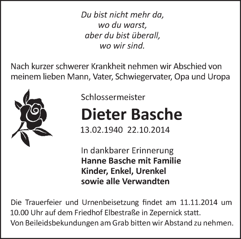 Traueranzeigen von Dieter Basche Märkische Onlinezeitung Trauerportal