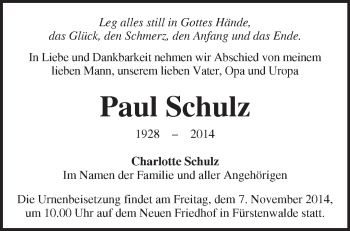 Traueranzeige von Paul Schulz von Märkische Oderzeitung