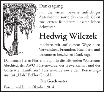 Traueranzeige von Hedwig Wilczek von Märkische Oderzeitung