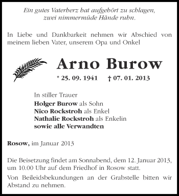 Traueranzeige von Arno Burow von Märkische Oderzeitung