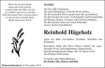 Traueranzeige von Reinhold Hägeholz von Märkische Oderzeitung