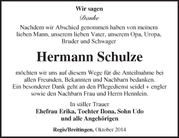 Traueranzeige von Hermann Schulze von Märkische Oderzeitung