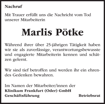 Traueranzeige von Marlis Pötke von Märkische Oderzeitung