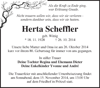 Traueranzeige von Herta Scheffler von Märkische Oderzeitung