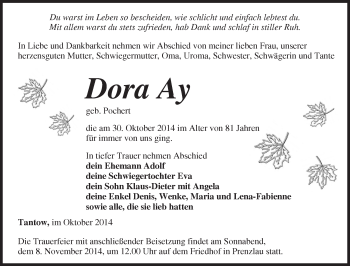 Traueranzeige von Dora Ay von Märkische Oderzeitung